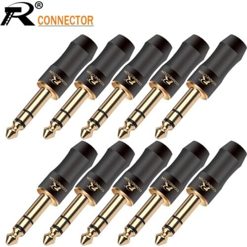 10pcs 24K Gold-plated 1/8'' Stereo 6.35mm Jack Assembly Microphone Connector R Brand New Design Copper Wire Connector Black