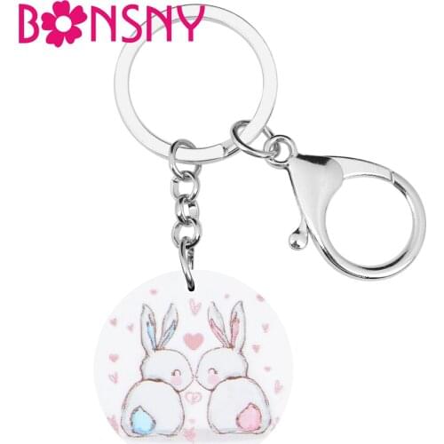 Bonsny Acrylic Round Easter Hare Rabbit Bunny Keychains Printing Animal Keyring Jewelry For Women Girl Festival Bag Accessories