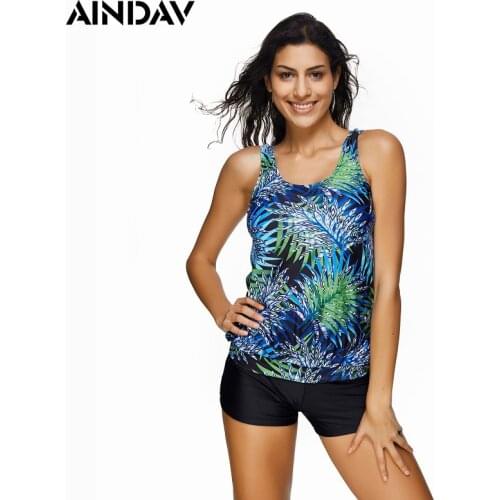 Leaves Print Blouson Tankini Women Swimsuit Swimwear Boxer Shorts Sports Suits Beachwear Bathing Suit Large Plus Size XXXL