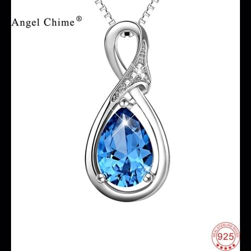 Pure 925 Sterling Silver Blue Crystal Pendant Statement Necklaces Fine Jewelry Collier Kolye For Women Anniversary Gift For Her