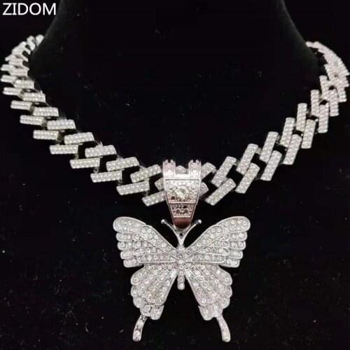 Men Women Hip Hop Iced Out Bling butterfly Pendant Necklace with 13mm rhombus Cuban Chain HipHop Necklaces Fashion Charm Jewelry