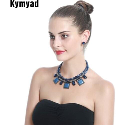 Kymyad Resin Stone Jewelry Sets For Women Geometric Square Jewelry Set Vintage Statement Necklace Earrings Set For Women