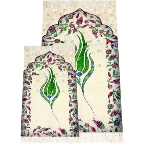 Tulip Pattern Mother Girl Prayer Rug Set Cotton Green Color Islamic Koranic Worship Prayer Rug Prayer Rugs Mawlid Hajj Umrah Prayer Rug Muslim gifts
