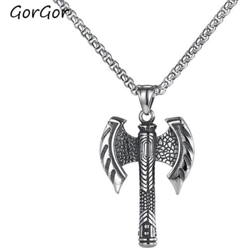 GorGor Necklace Men Stainless Steel Pattern Battle Hatchet Pendant Vintage Style Individuality Party Accessories TX-1739