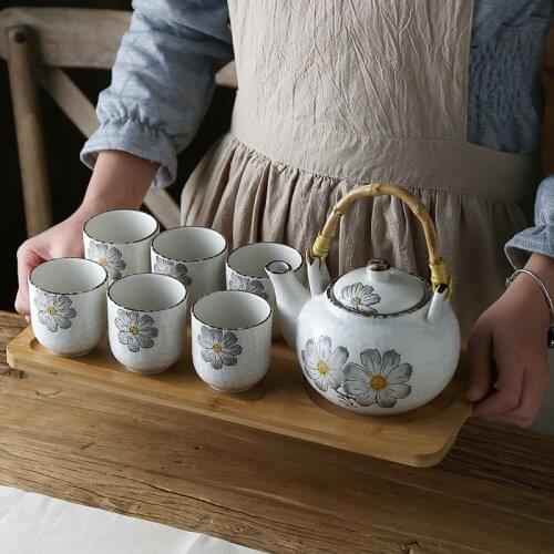 Japanese style pottery large capacity hand painted teapot set Kungfu tea ceramic afternoon tea pot cup bamboo tray