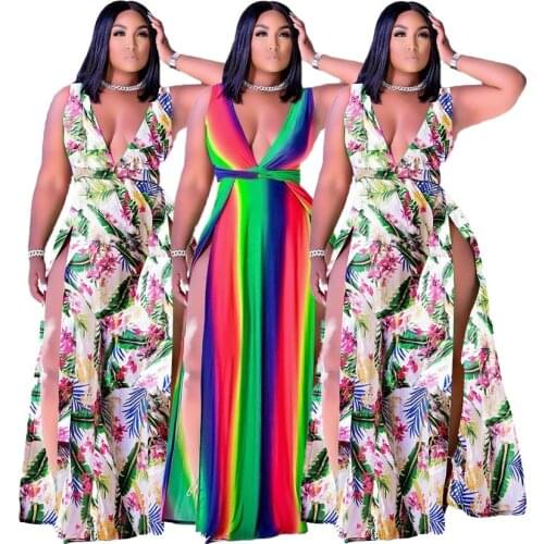 Sexy Color Striped Printing Women Plus Size Dress 2021 Summer Sexy Deep V-neck Sleeveless High Waist Split Bohemian Dresses