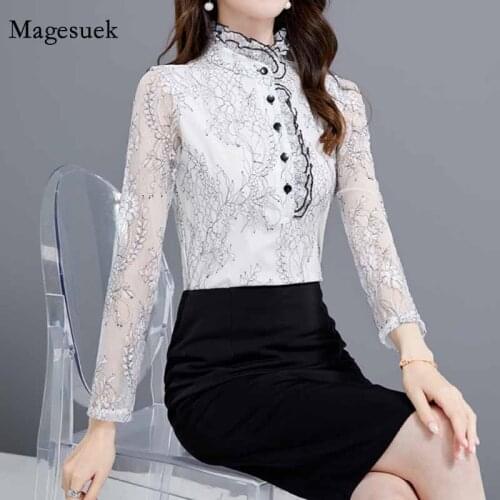 See Through All-match White Slim Shirt Ol Style Shirt Autumn New Fashion Long Sleeve Stand-Collar Lace Womans Blouses 10766