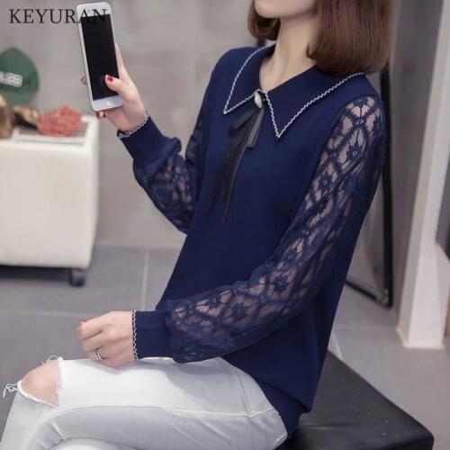 Plus Size Lace Patchwork Knitted Sweater Women 2021 Autumn New Trendy Bow Long Sleeve Ladies Pullover Sweaters Knitwear Chic Top