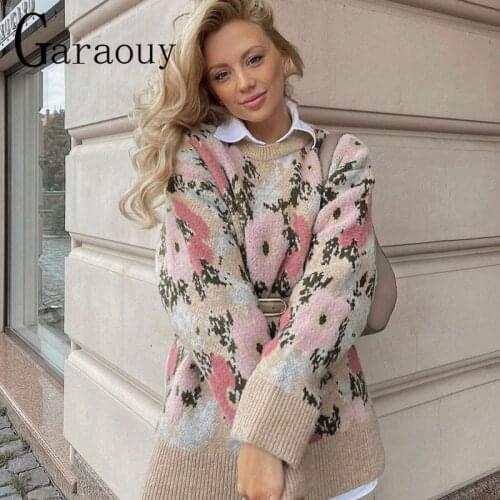 Garaouy 2021 New Women Spring Autumn Long Sleeve Loose Sweater Flower Jacquard Pullover Knit Top Casual Round Neck Loose ZA