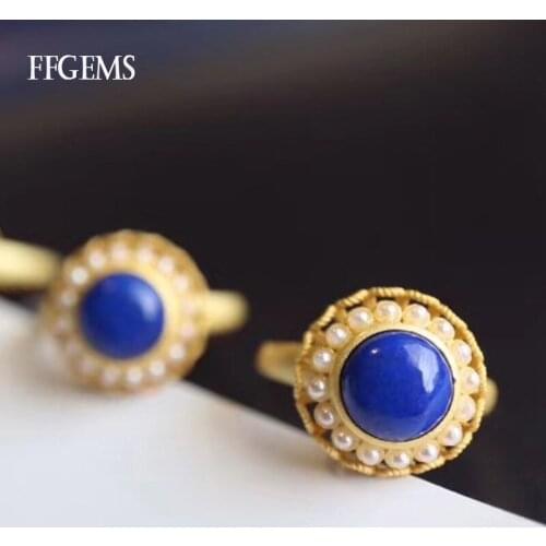 FFGEMS Real Lapis Lazuli Rings Sterling 925 Silver Natural Gemstone Pearl Necklace Fine Jewelry Women Wedding Party Gift