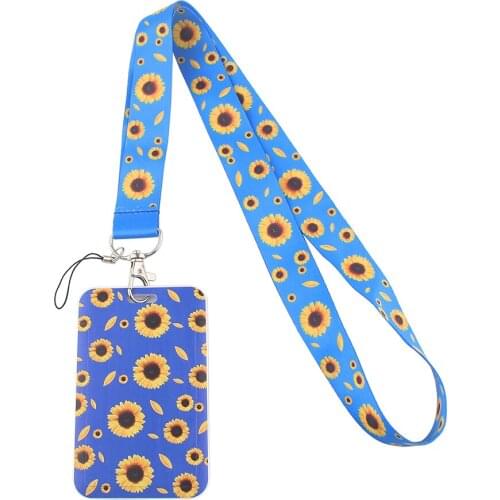 1pc ZF2349 Sunflower Blue Fashion Lanyards ID Badge Holder Bus Pass Case Cover Slip Bank Credit Card Holder Strap Cardholder