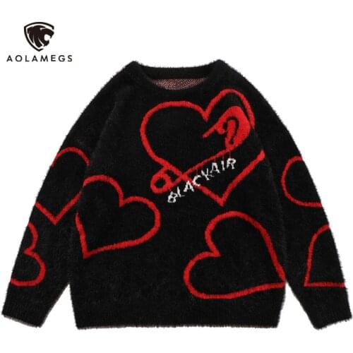 Aolamegs Mohair Sweater Men Knitted Heart Letter Casual Jumper Winter Soft Warm Baggy Pullover Couple Simple Fashion Streetwear
