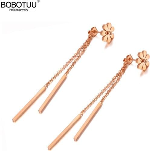 BOBOTUU Trendy 316L Stainless Steel Daisy Long Tassel Earrings For Women Girl Office Chain Link Dangle Earring Jewelry BE20068