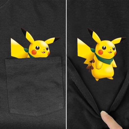 CLOOCL Black Cotton T-Shirt Pocket Cartoon Cute Pikachu 3D Printed T-Shirts Casual Tees Hip Hop Harajuku Style Black Cotton Tees