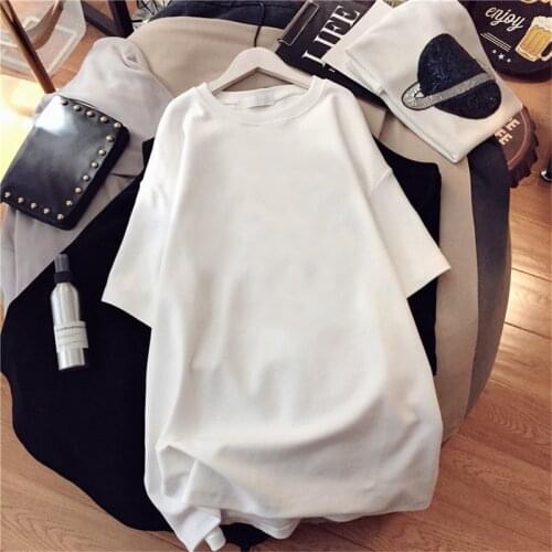 Hong Kong style ins loose short-sleeved all-match t-shirt, mid-length loose solid color half-sleeved t-shirt top for girls