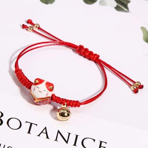 Chinese style ceramic cat bracelet female fresh students hand-woven hand rope lucky cat transit red rope bracelet for women gift