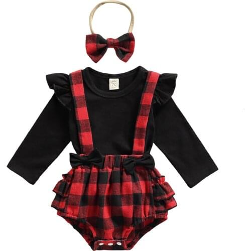 Infant Girls Long Sleeve Romper + Suspenders Shorts + Bow Headband Plaid Print Ruffle Decoration Spring Clothing