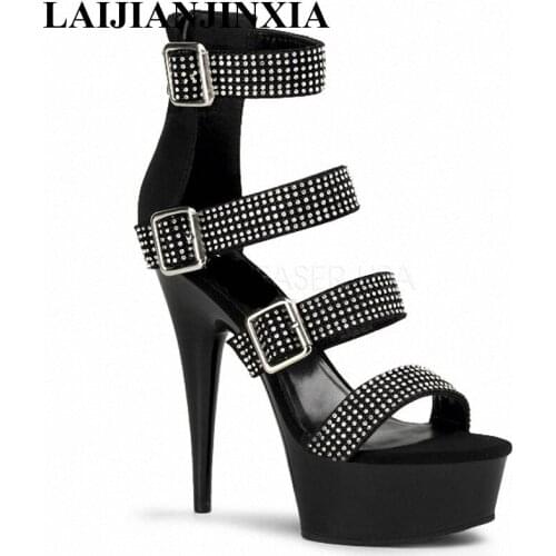 LAIJIANJINXIA New Luxury Party Rhinestone Shoes Sandals Open Toe 15CM High Heels Summer Sandles For Women