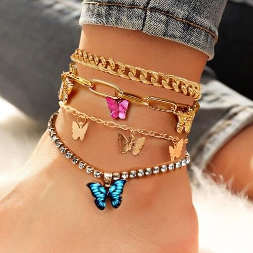 Fashion Butterfly Anklet Rhinestone Tennis Chain Foot Chain Jewelry for Women Summer Beach Anklet Butterfly Barefoot Chain