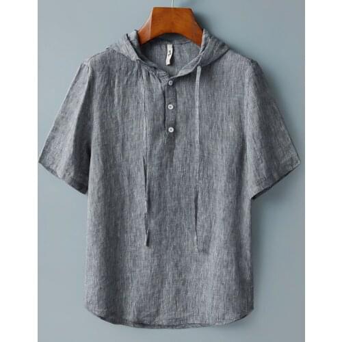 Men Long Sleeve Hooded Shirt 100%Pure Linen Solid White Blue Hat Stand Collar Pullover Fashion Casual Shirts Male Tops Camisa