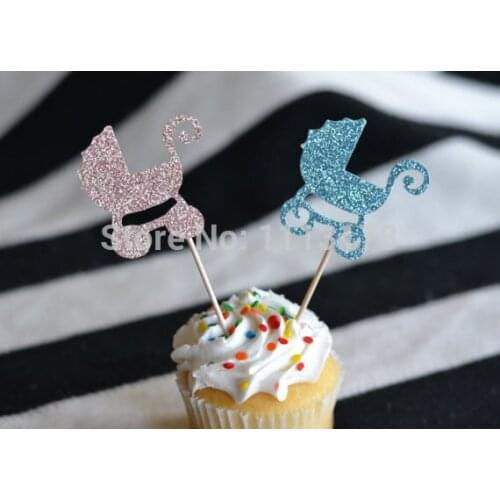 Cheap Baby Carriage Glitter Cupcake Toppers : Baby Shower/Gender Reveal party Toothpicks - Food Picks wedding bridal decorations