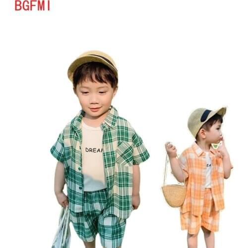 New Summer Kids 2Pcs Cotton Plaid Short Sleeves Sets Kids England Style Girl Suit Boys 2pcs Clothing Set Baby Boys Casual Outfit