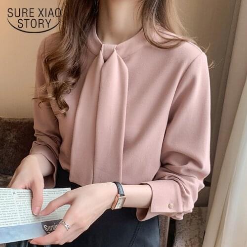 2021 Spring New Loose Slim Long Sleeve Womens Shirt Pink Office Lady Style Women Tops and Blouses with Tie Blusas Elegant