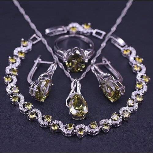 Olive Green Water Drop Silver Color Costume Jewelry Set For Women Earrings Ring Necklace Bracelet Set In Store