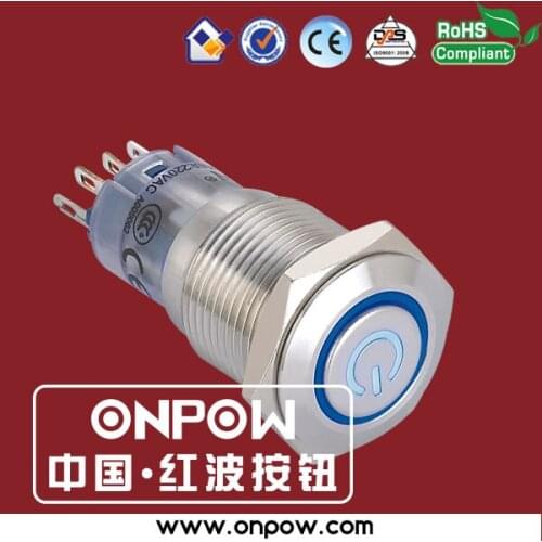ONPOW 16mm stainless steel LATCHING illuminated power symbol push button switch anti-vandal RoHS LAS2GQF-11ZET/B/12V/S