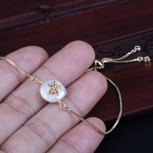 Orange cz zircon paved tiny star charm freshwater pearl bead charms dainty gold thin link bracelets for women jewelry gift