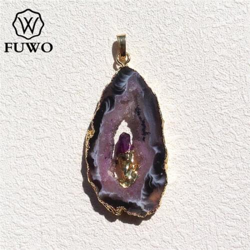 FUWO Natural Geode Slice Pendant 24K Gold Electroplated Raw Crystal With Fixed Purple Quartz Charm Jewelry Wholesale PD083