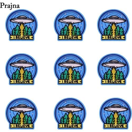 Prajna 10PCS Wholesale Alien Iron On Patches Blue I Believe UFO Logo Appliques For Clothing Hippie Stickers For T-shirt Bags DIY
