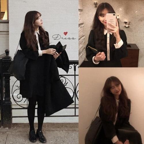 S XL New New Spring student femme Dress Girls Boho Female Vintage Dress black Long Sleeve Women Dresses long Robe Vestido