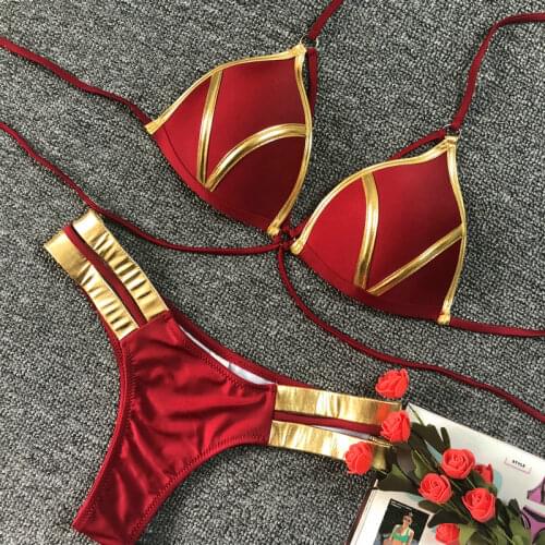 2019 Sexy Bikini Red Swimwear Push Up Swimsuit Women Halter Biquini Padded Bathing Suit Gold Stamping Brazilian Bikini Set Thong
