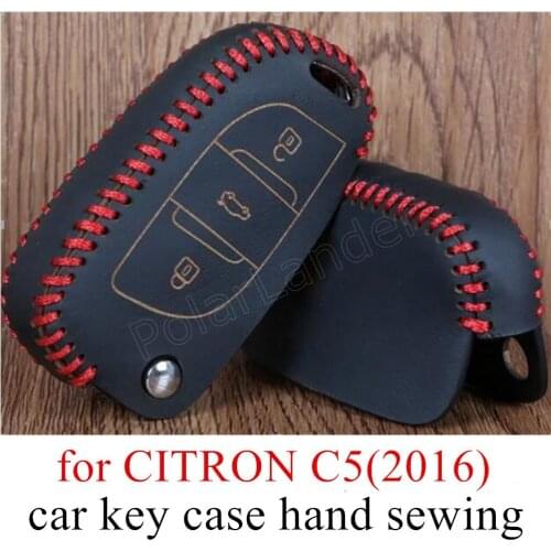 Only Red great quality Car Keys Cover Protection Case Key Genuine Leather car styling Hand Sewing fit for CITRON C5(2016)