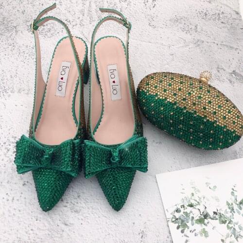 BS1224 Custom Made Green Gold Crystal Pointed toe Shoes with Matching Bags Set Slingbacks Block Heel Women Bridal wedding Shoes