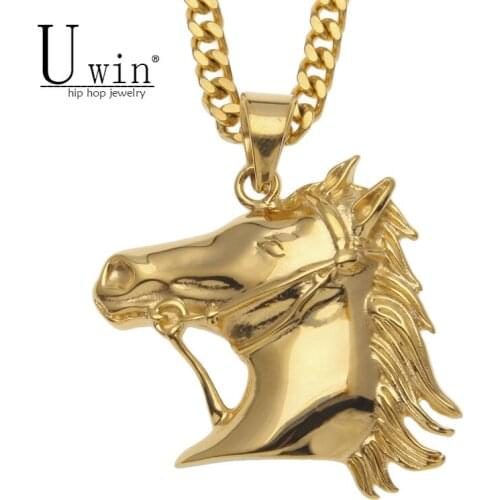 UWIN Animal Horse Head Pendant Necklace Punk Jewelry Gold Color Stainless Steel Mens Hip hop Pendants 27inch Cuban Chain
