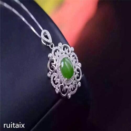 KJJEAXCMY boutique jewels S925 Pure silver inlay natural jade lady pendant + necklace sunflower spinach green jewelry plant lea