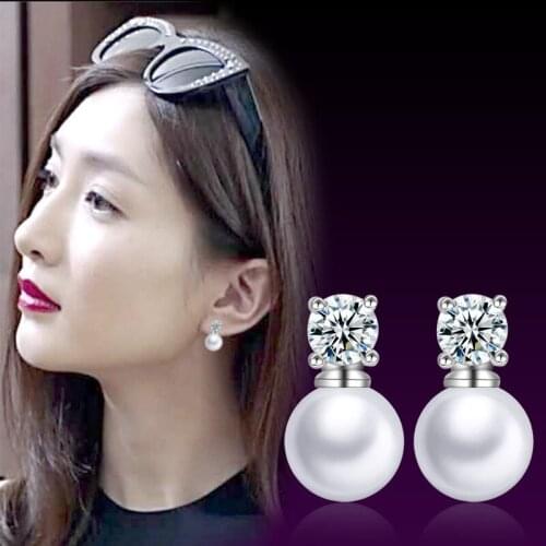 100% 925 sterling silver hot sell pearl shiny crystal ladies`stud earrings jewelry women female drop shipping gift