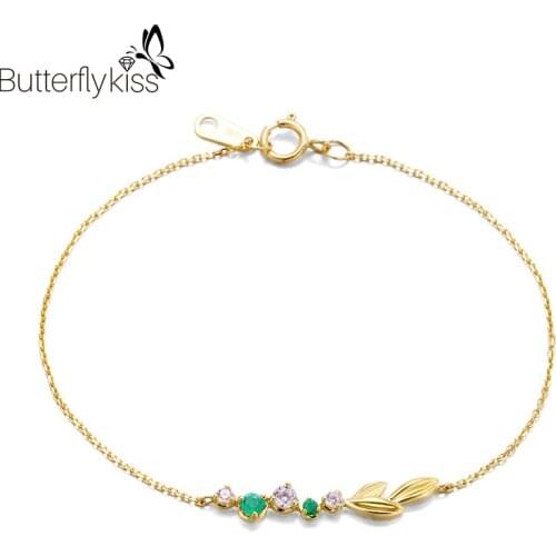 BK Genuine Gold 585 Bracelets For Women 9K Yellow Gold Emerald Gemstone Leaf Fine Jewelry Gift To Girlfriend Hand Catenary