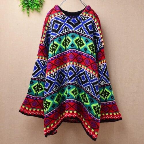Top quality women vintage colorful hand knitting double layer loose long flare sleeve lazy oaf pullover oversized jumper sweater