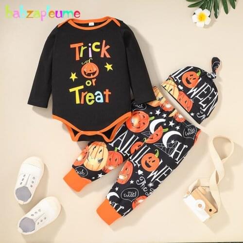 3Piece Fall Newborn Baby Girl Boy Clothes Toddler Halloween Outfit Pumpkin Cartoon Cute Print Infant Bodysuit+Pants+Hats BC2062