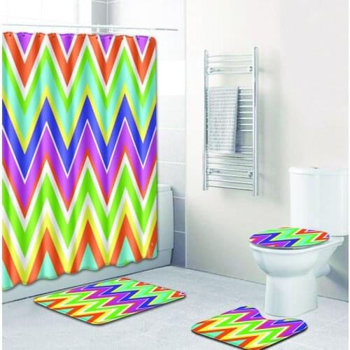 4pcs Thick Geometric patterns Bathroom Shower Curtain Polyester Fabric Waterproof Anti-slip carpet door mat toilet mat set