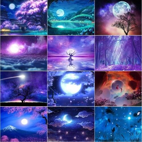 Anime Japanese Night Scenery 5D Diamond Painting Forest Moon Galaxy Picture of Rhinestones Embroidery Mosaic Art Home Decor