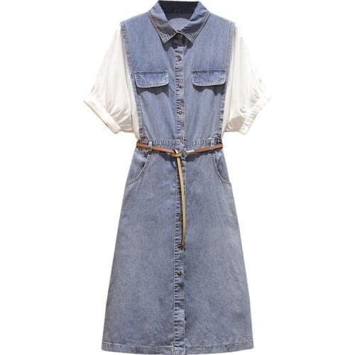 Plus Size 5XL Denim Dress Women Short Sleeve Patchwork Fake Two-piece Dress Ladies New Summer Jean Dress Vestidos With Belt Y33