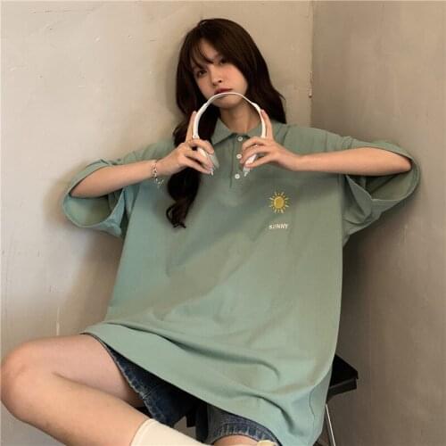 Kawaii Embroidery Badge College Girls Polo T-Shirt Female Short-Sleeved Harajuku Student Couple Outfit Oversized Clothes y2k