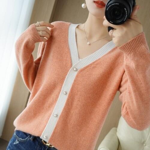 Ladies Cardigan 2021 Spring Autumn New 100% Wool Sweater Casual V-neck Stitching Cashmere Knitted Sweater Plus Size Womens top