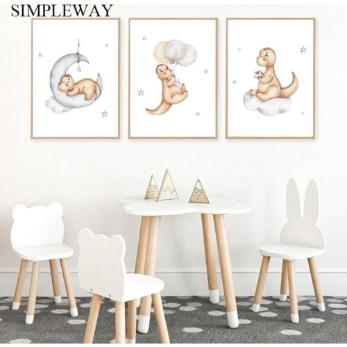 Kawaii Dinosaur Moon Balloon Cartoon Poster Nursery Art Baby Room Painting Canvas Print Wall Picture Nordic Kid Bedroom Decor
