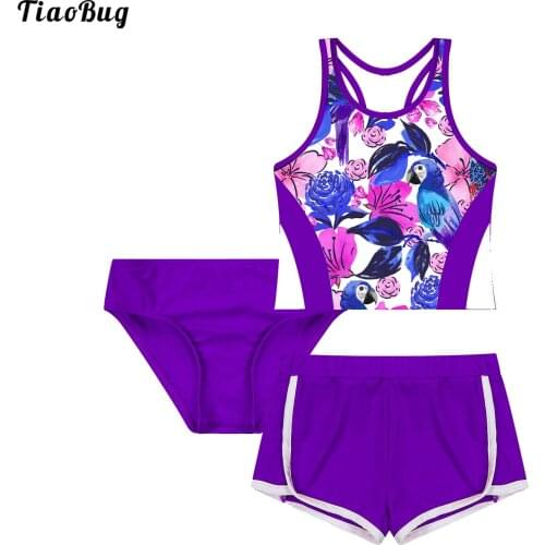 TiaoBug Summer 3Pcs Kids Girls Floral Print Breathable Swimsuit Round Neck Sleeveless Racer Back Vest With Briefs And Shorts Set