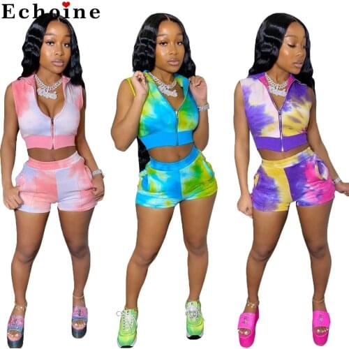 Two Piece Set Women Tie-Dye Printed Zipper Cardigan Sexy Club Wear Casual Sports Shorts Suits Fitness Jogger Sweatsuit Tracksuit